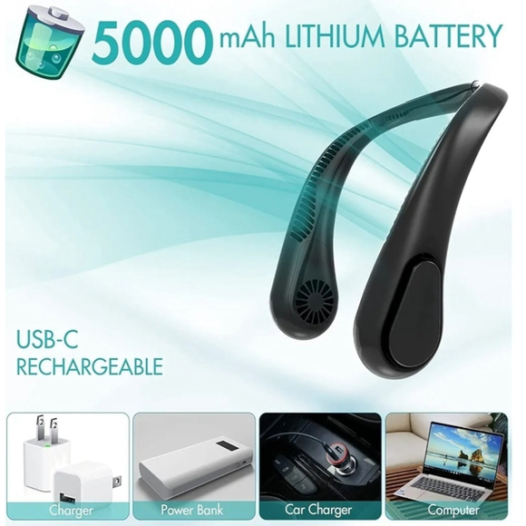 Bladeless Neck Fan, 5000mAh Rechargeable Battery Powered, 3 Speeds - Picture 3 of 8